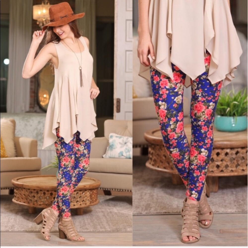 Blue Pink Floral Leggings